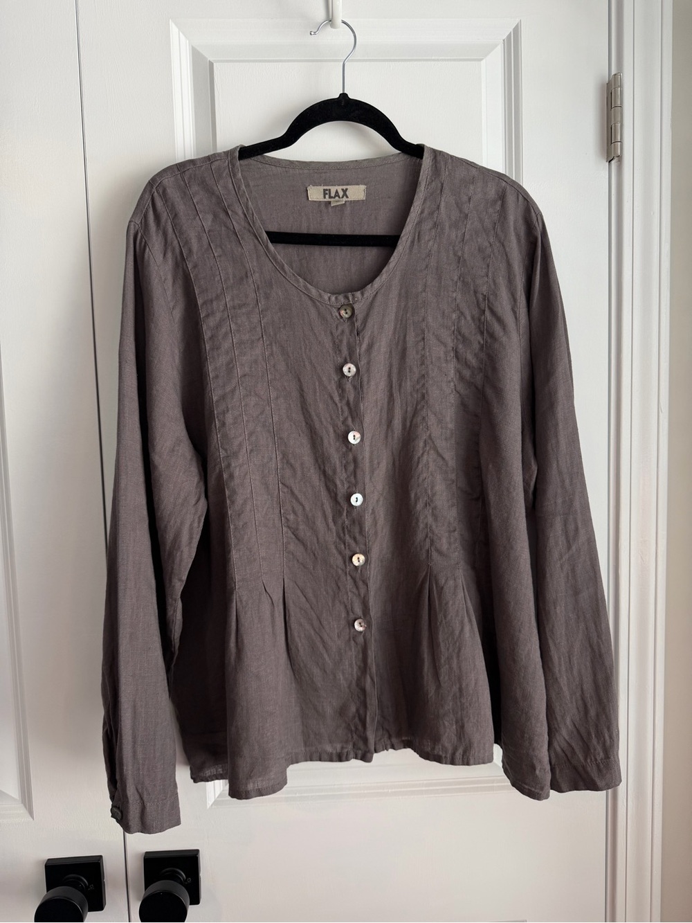 FLAX Women’s Lagenlook Pleated Button Down Linen Tunic Gray Size Large